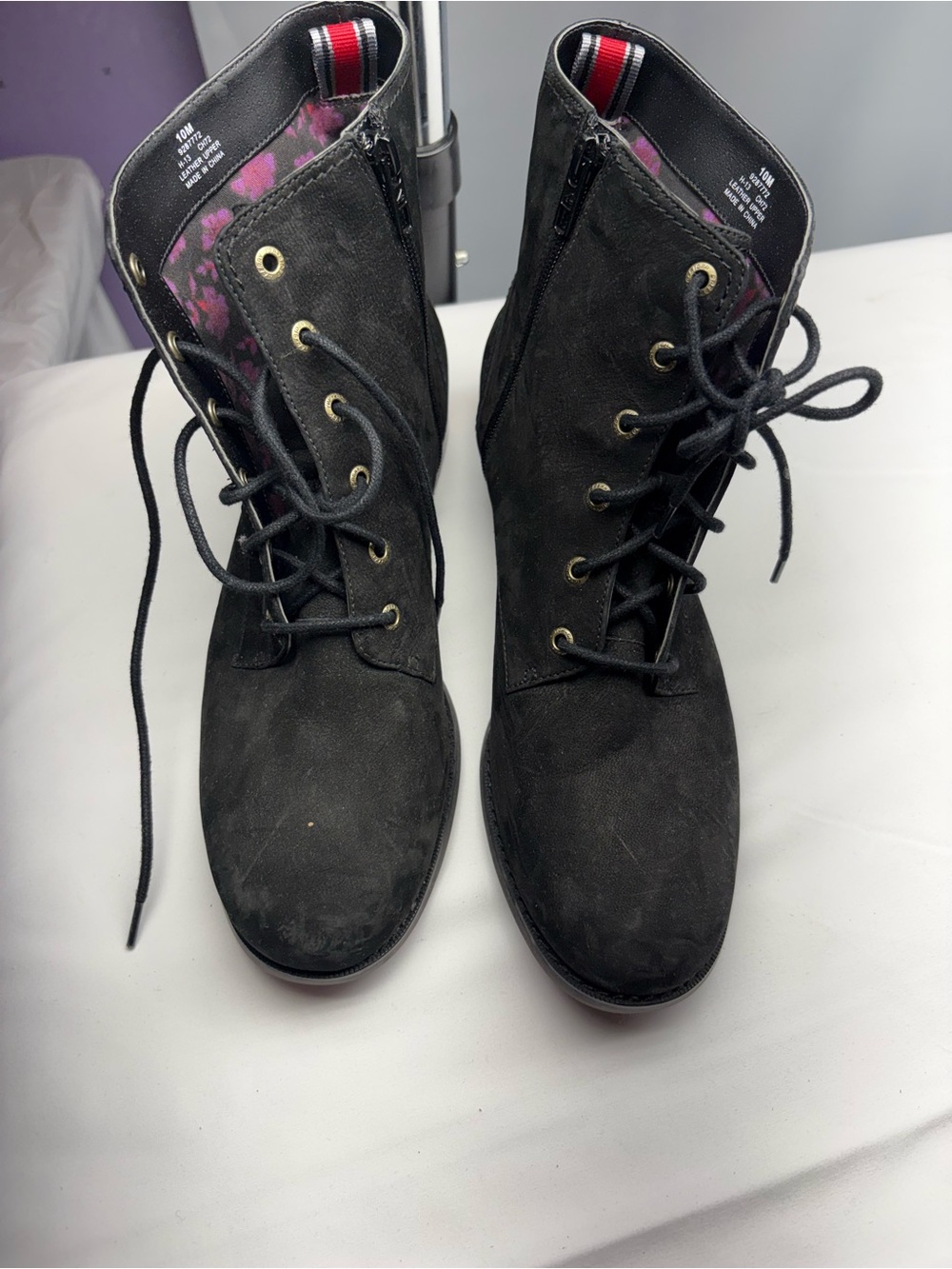 Sperry Black Suede Lace-Up Ankle Boots with Floral Lining